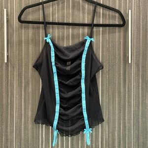 Victoria's Secret Women Camisole Large Black Blue Ruched Mesh Sheer Y2K Coquette